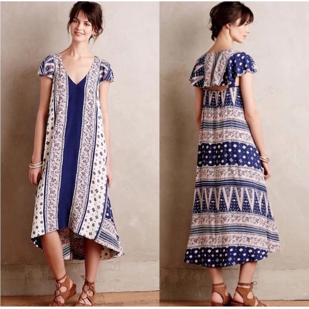 Anthropologie Maeve Summertide Swing Asymmetric Maxi Dress Size XS Blue Pink AL